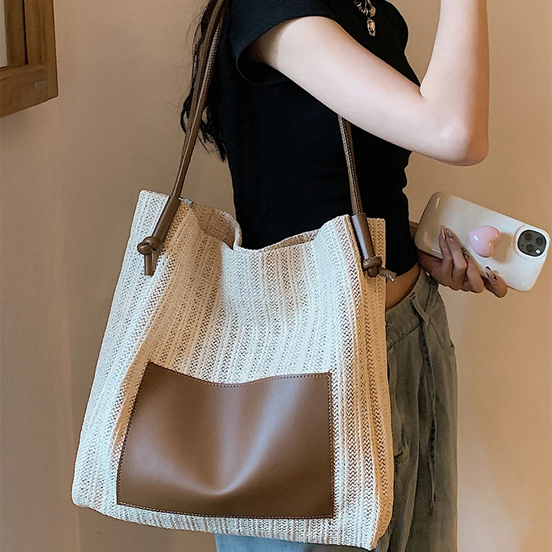 

Vintage Woven Tote Bag Holiday Style Grass Woven Bag Shoulder Bag Female Large Capacity Shopping Bag Beach Bun Mother Hand Purse