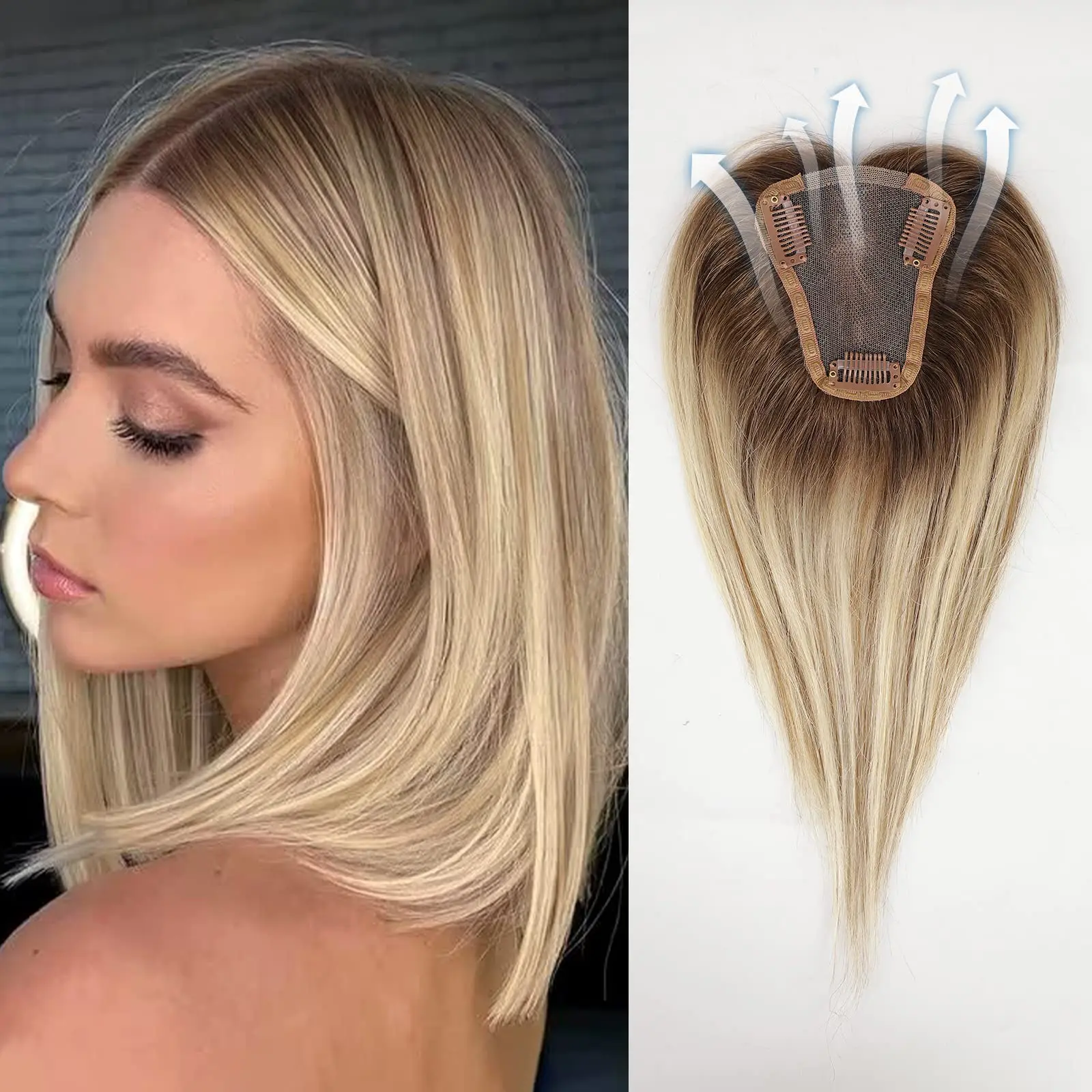 100% Human Hair Toppers Brown Blonde Hairs Topper Silk Base Clip Pieces for Women with Thinning Hair Clip in Toppers hair toppers
