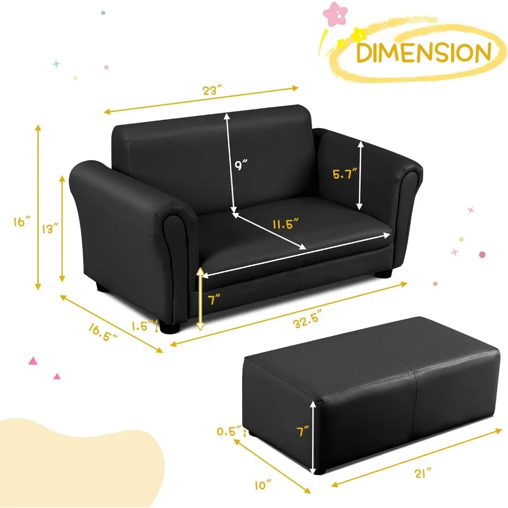 Kids Sofa, 2 Seat Toddler Couch Lounge Bed with Ottoman, Sturdy Wood Construction, Children PU Leather Upholstered Loveseat 3