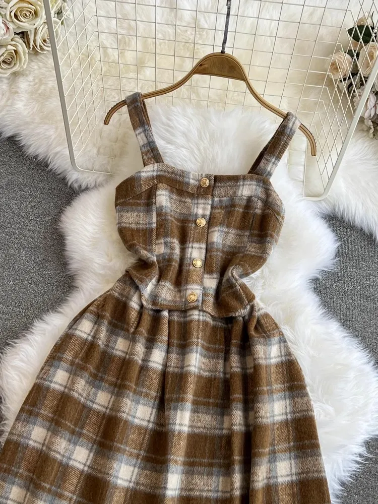 Vestido largo de lana a cuadros para mujer, ropa de calle sin