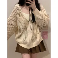Women's Hollow out Design Knitted Thin Outerwear Spring Summer Lazy Zipper Cover up Cardigan Loose Fit Long Sve Sweatirt
