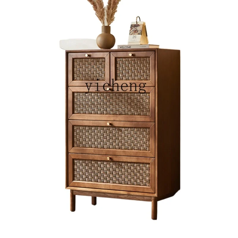 

XL Solid Wood Rattan Four-Bucket Cabinet Simple Art Dining Side Drawer Storage Cabinet