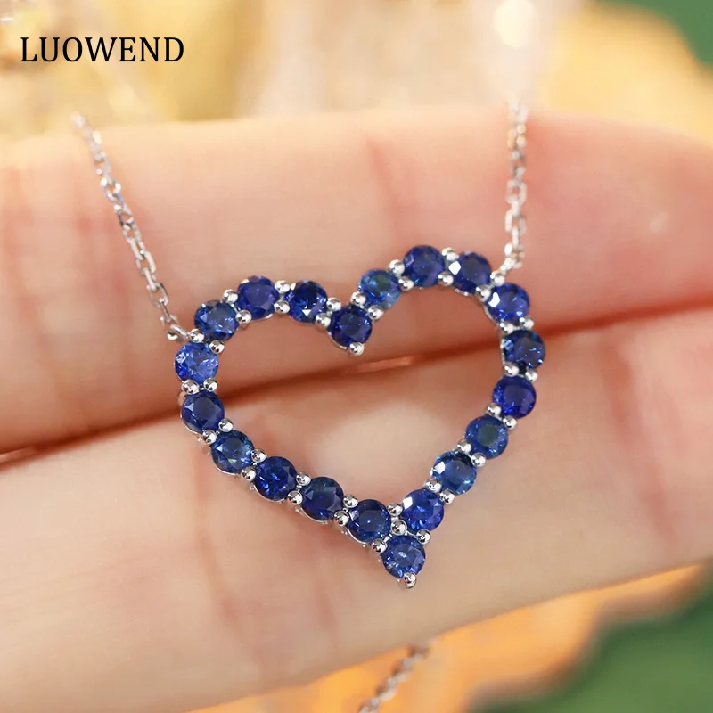 

LUOWEND 18K White Gold Necklace Romantic Heart Design Real Natural Sapphire Shiny Gemstone Necklace for Women Wedding Jewelry