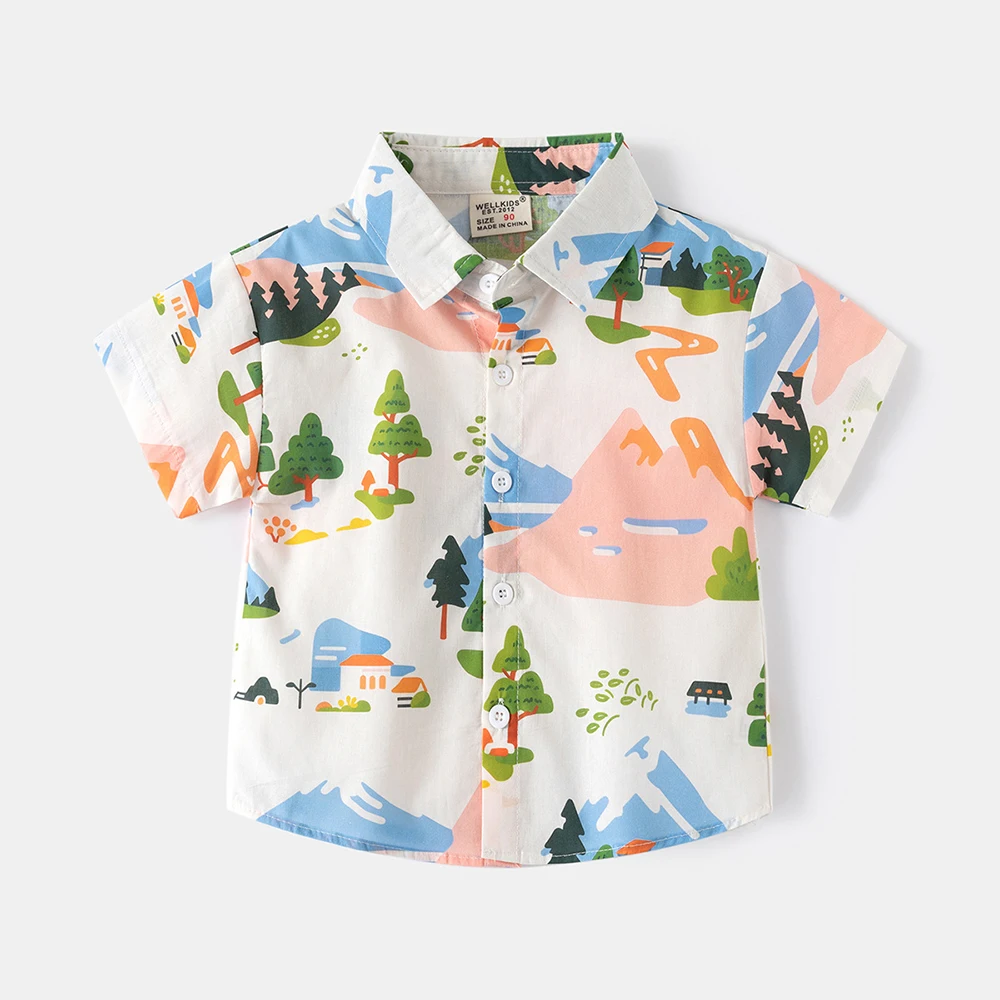 Baby Boys Girls Summer Models Full Print Short-sleeved Shirt Baby Casual Cartoon Shirt