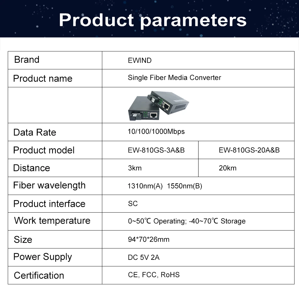 Gigabit Media Converter EWIND Fiber Optic To Rj45 Single Mode Single Fiber Optic Ethernet Switch Transceiver 10/100/1000M 1 Pair