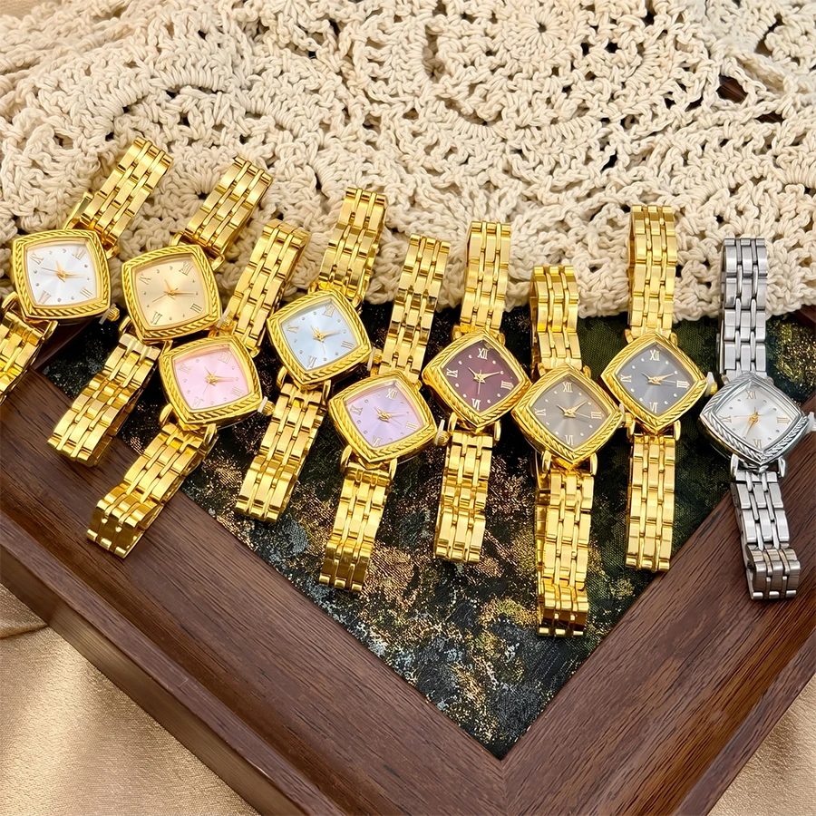 Gold Watch: Timeless Mid-Century Retro with Diamond Dial and Brushed Stainless Steel Band