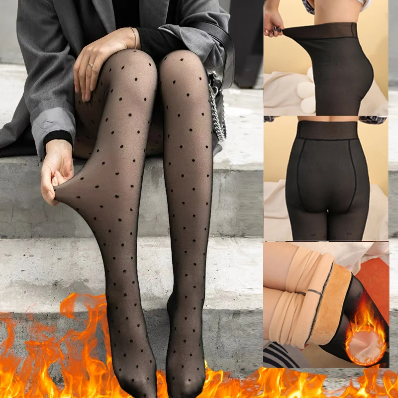 

Winter Plush Leggings Pantyhose Sexy Bowknot Print Fake Translucent Pantyhose Warm Thick Wool High Waist Tights for Women