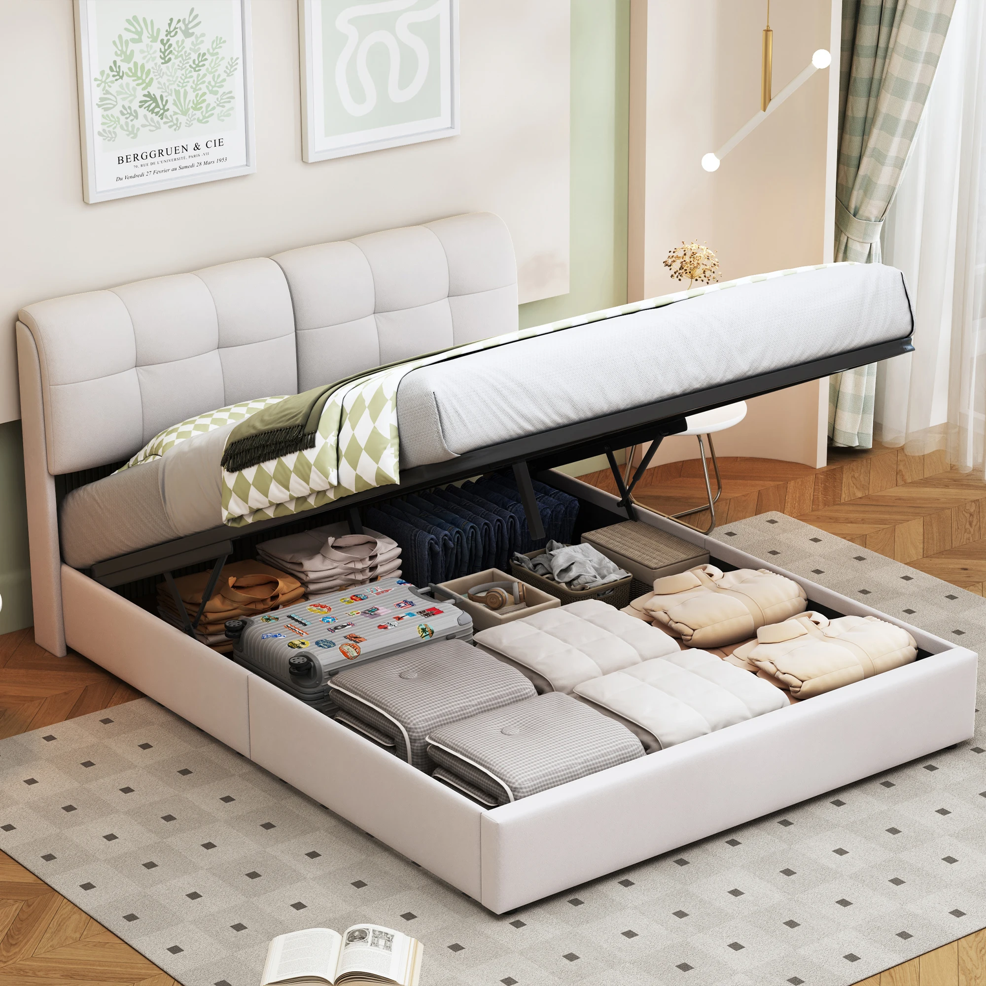 Rosahqnda Modernes gepolstertes Doppelbett 140 x 200 cm, hydraulisches Funktionsbett mit verstellbarer LED-Beleuchtung, weißer Samt, keine Matratze – Detail 3