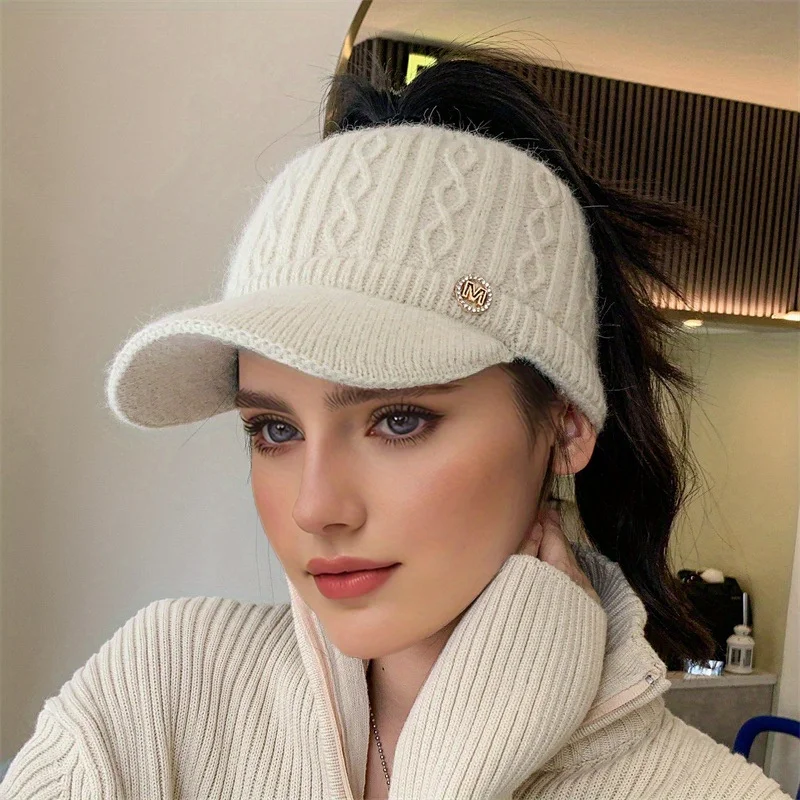 1pc Knitted Elastic Ponytail Baseball Cap, Autumn and Winter Warm Woolen Cap, Empty Top Cap, Outdoor Sports Cap, Warm Cap