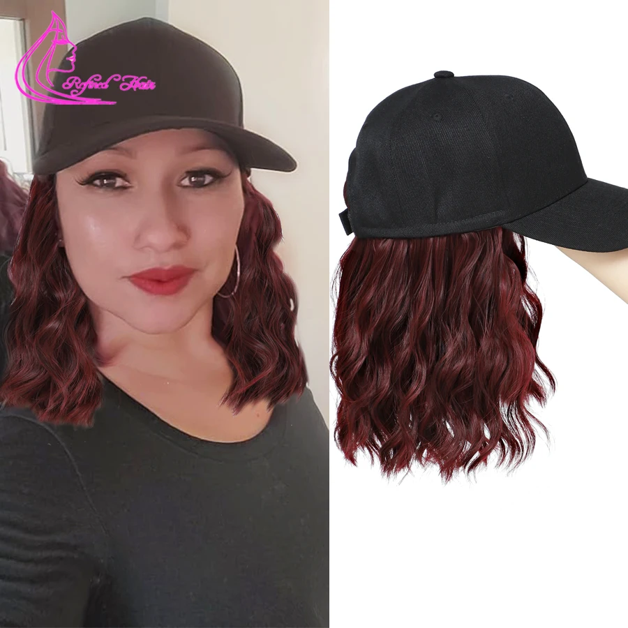 Cap with Hair Attached For Women Wig Hat with Hair Short Bob style Synthetic Wavy Curly Adjustable Baseball Cap Wig Red Pink