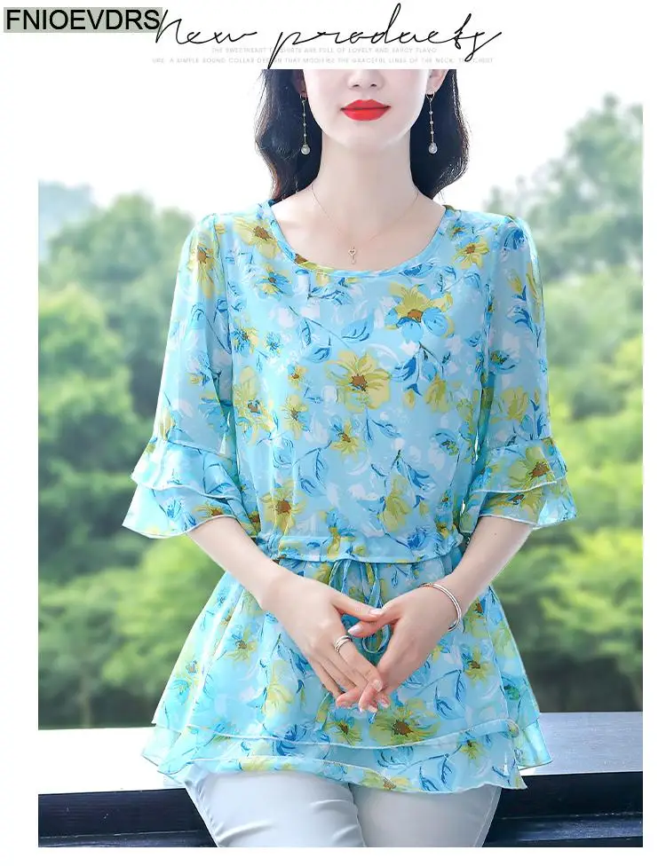 S-4XL Loose Clothes 2023 Women Summer Slim Waist Drawstring Ruffles Shirts Casual Chiffon Floral Tunic Peplum Tops And Blouses