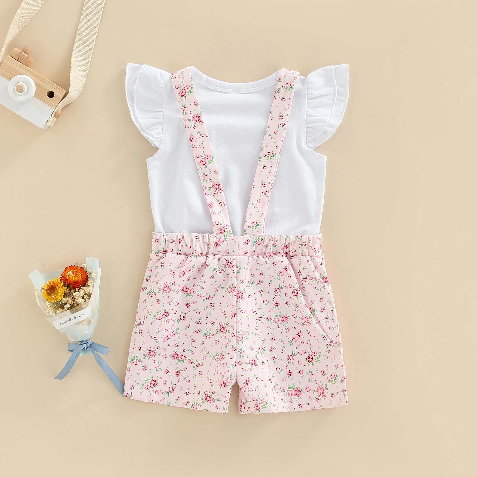 Girls Floral Suspender Shorts Set 2