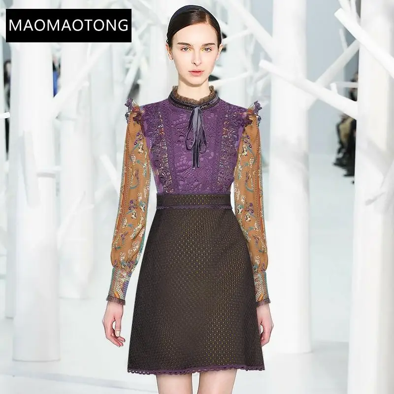 

Women's Clothing Fashion Designer Dress Spring Women's Dress Stand Collar Ruffles Flare Sleeve Lace Vintage Print Dresses