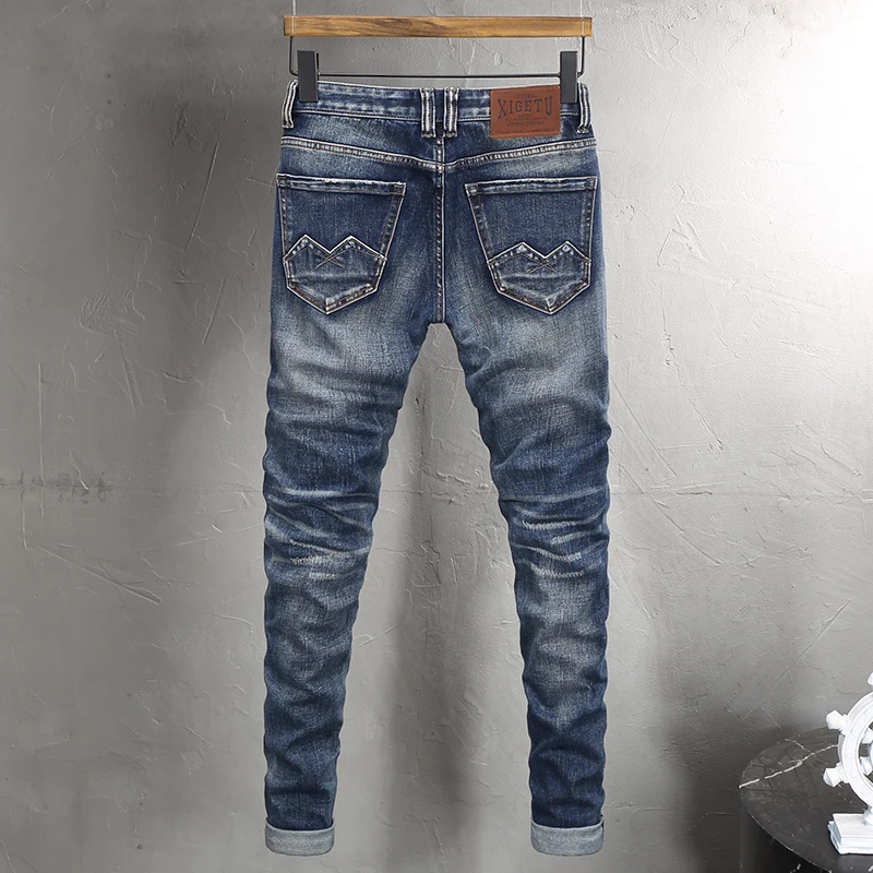 Italian Style Fashion Men Jeans Retro Washed Blue Elastic Slim Fit Ripped Jeans Men Embroidery Designer Vintage Denim Pants