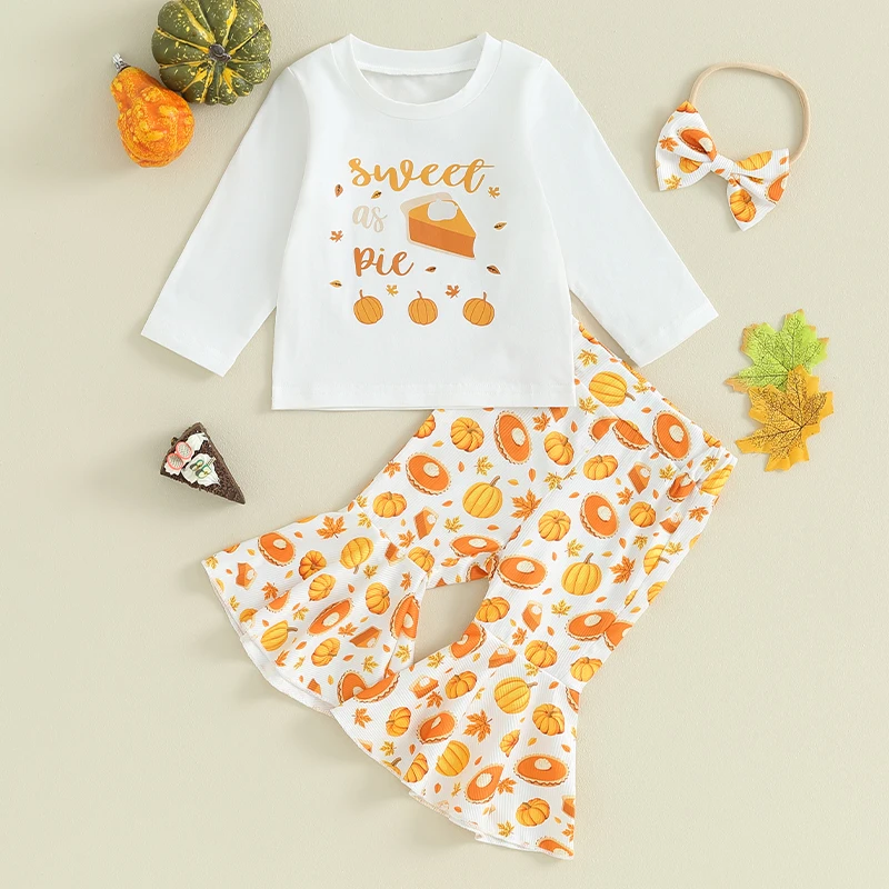 

Thanksgiving Baby Girl 3Pcs Outfit Long Sleeve Sweatshirt Pullover Tops Pumpkin Flare Pant Headband Sets