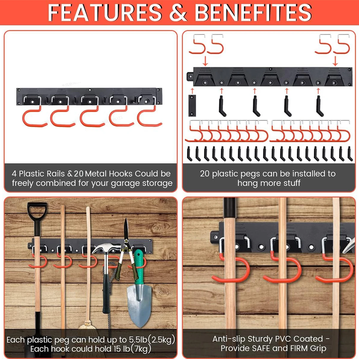 Étagère Murale à Outils Mimoke 122 Cm - 3 Rails Avec Crochets, Pour Garage, Atelier, Rangement Jardin