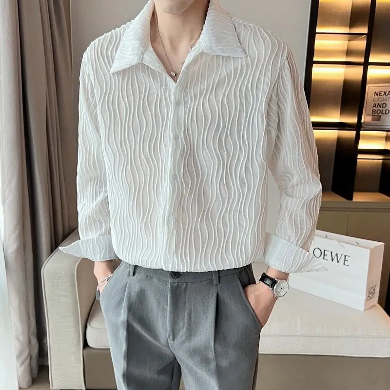 

Spring New Senior Long Sleeve Button Down Shirts for Men Korean Fashion Loose Drape Solid Color All-match Men's Shirt Blouse C95