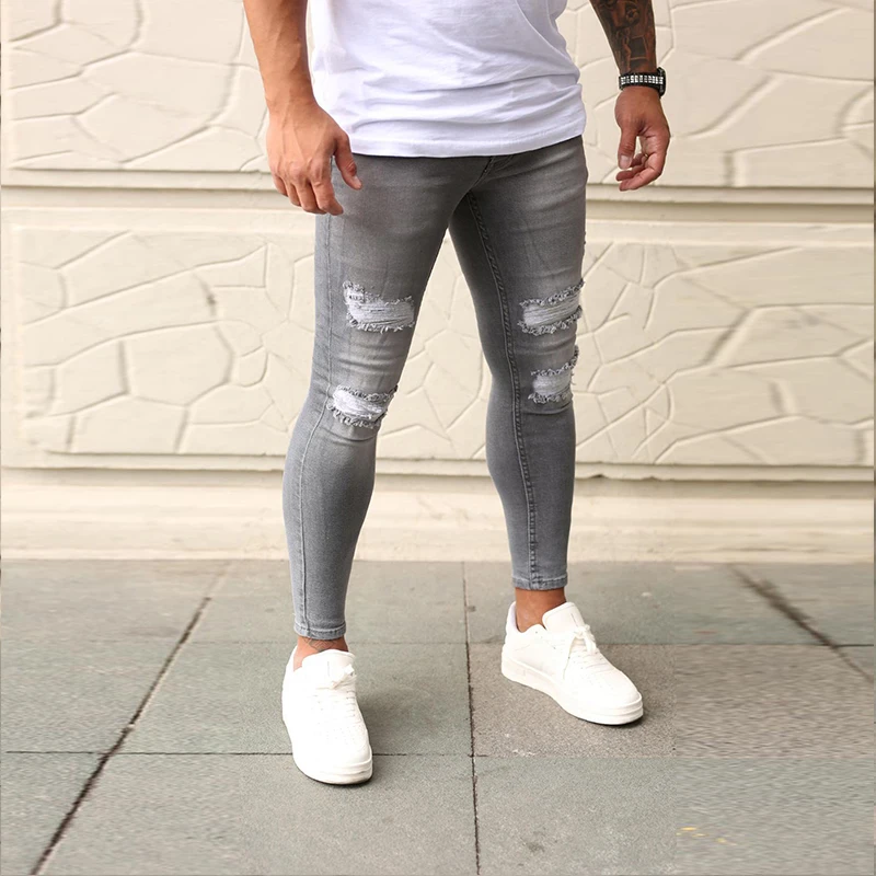 

New Streetwear Men Jeans Vintage Grey Color Thin Destroyed Ripped Jeans Broken Punk Pants Homme Hip Hop Jeans Men
