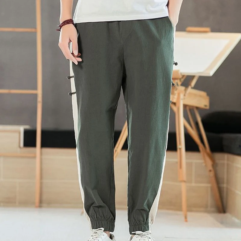 Summer Fashion Elastic Waist Haren Pants Man Contrast Color Pockets Patchwork Cotton Hemp Casual Personality All-match Trousers