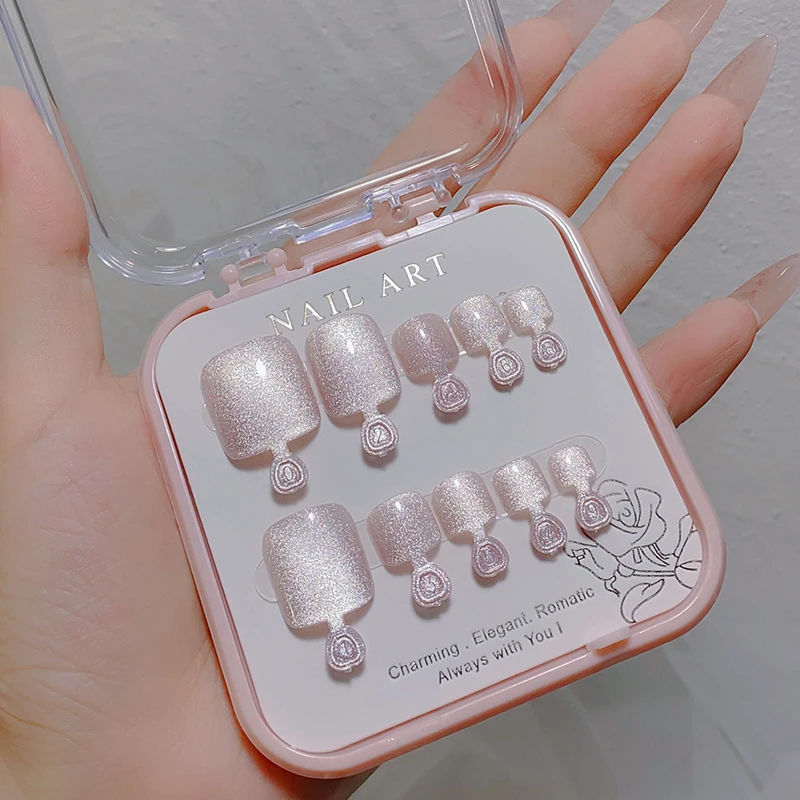 Faux Ongles Fanta isie Kristall Katzenauge glänzenden Diamant Fuß Nagel  Patch hand gefertigt tragen Rüstung kurze Presse auf Nägel für Zehen -  AliExpress