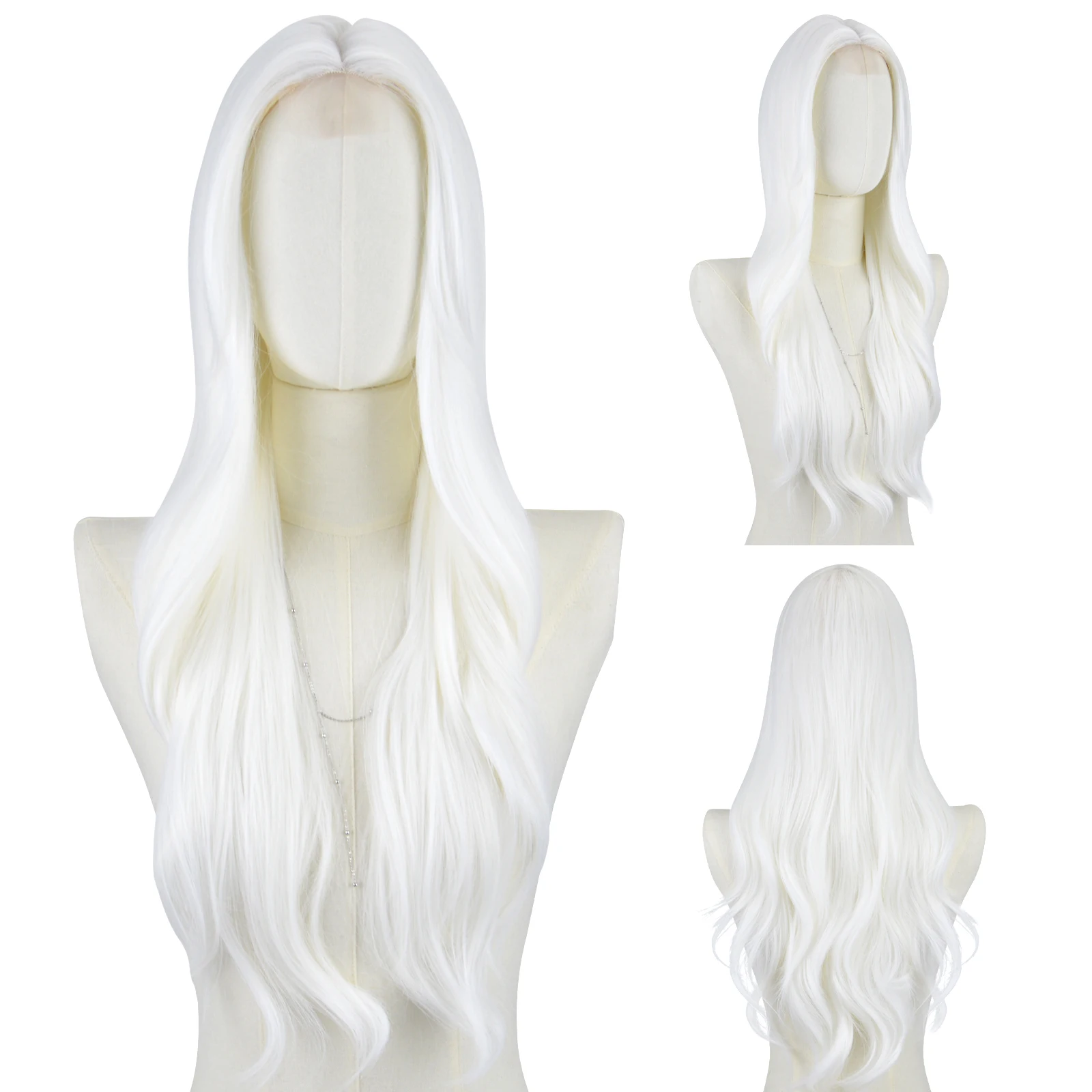 Long White Wavy Wig for Women 29 Inch Middle Part Curly Wavy Wig Splayed Bangs Synthetic Heat Resistant Fiber for Daily Use