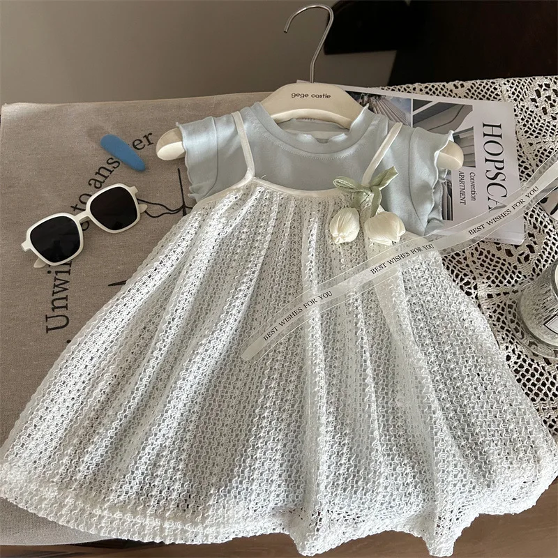 

Korean Childrens Clothing 2024 New Summer Girls Blue Vest Skirt Childrens Fashion Lace Two-piece Set Trendy