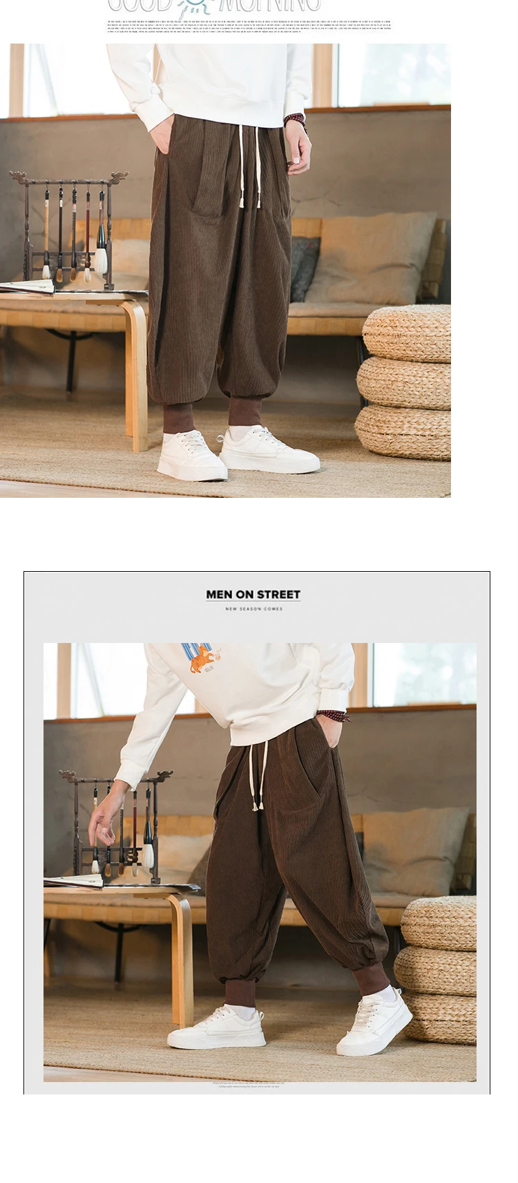 Description Picture 3 of itemCorduroy Harem Pants Men Wide Leg Jogging Pants Men Harajuku Style Sweatpants Male Casual Trousers Vintage New Streetwear