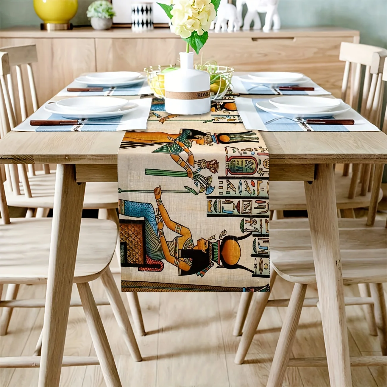 Ancient Egyptian Mural Ethinic Linen Table Runner Holiday Decorations Reusable Farmhouse Kitchen Dining Table Runner Party Decor 3