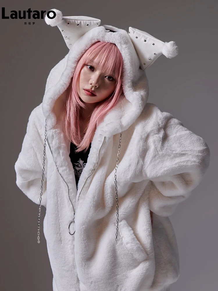 Lautaro Winter Oversized Warm Thick White Faux Fur Coat Women with