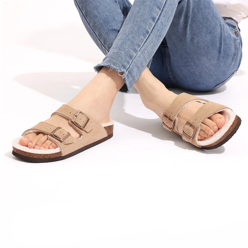Women's Cork Clogs With Double Buckle And Warm Fleece Lining_voghion.com