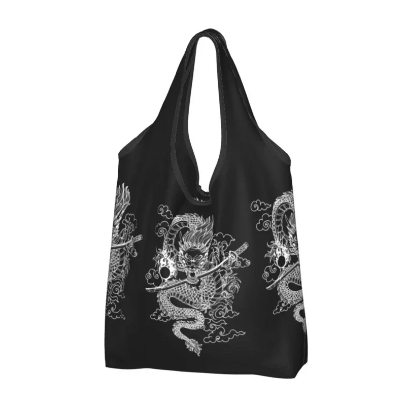 

Reusable Chinese Dragon Shopping Bag Women Tote Bag Portable Japanese Oriental Mythical Grocery Shopper Bags