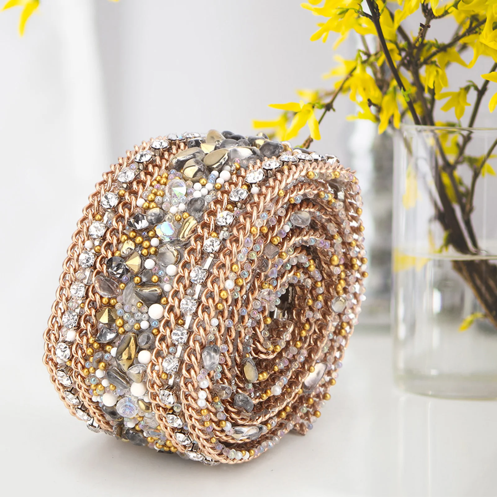 2.5cm Diamond Rhinestone Trim Ribbon - 50cm Roll, Red Stone Gold Chain For DIY Crafts - View #5