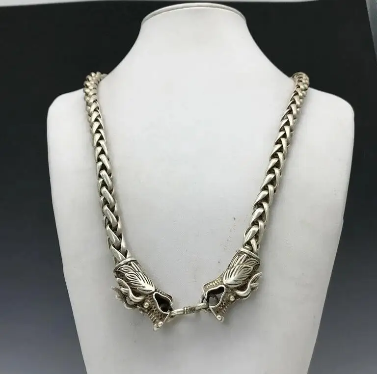 

Old Chinese Tibet silver hand carved dragon head necklace