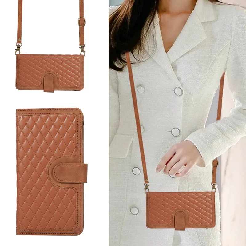 Luxury Zipper Leather Flip Wallet Phone Case with Lanyard and Card Holder