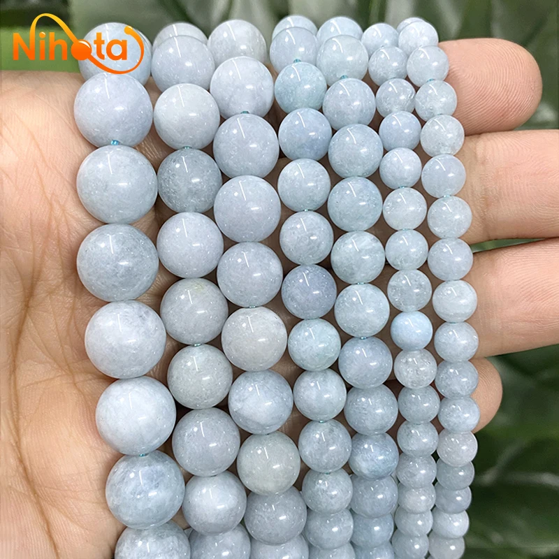 Glatter Naturstein, hellblauer Chalcedon, runde Perlen, Armband, Halskette, handgefertigt, DIY für die Schmuckherstellung, 6/8/10/12 mm, 38,1 cm Strang
