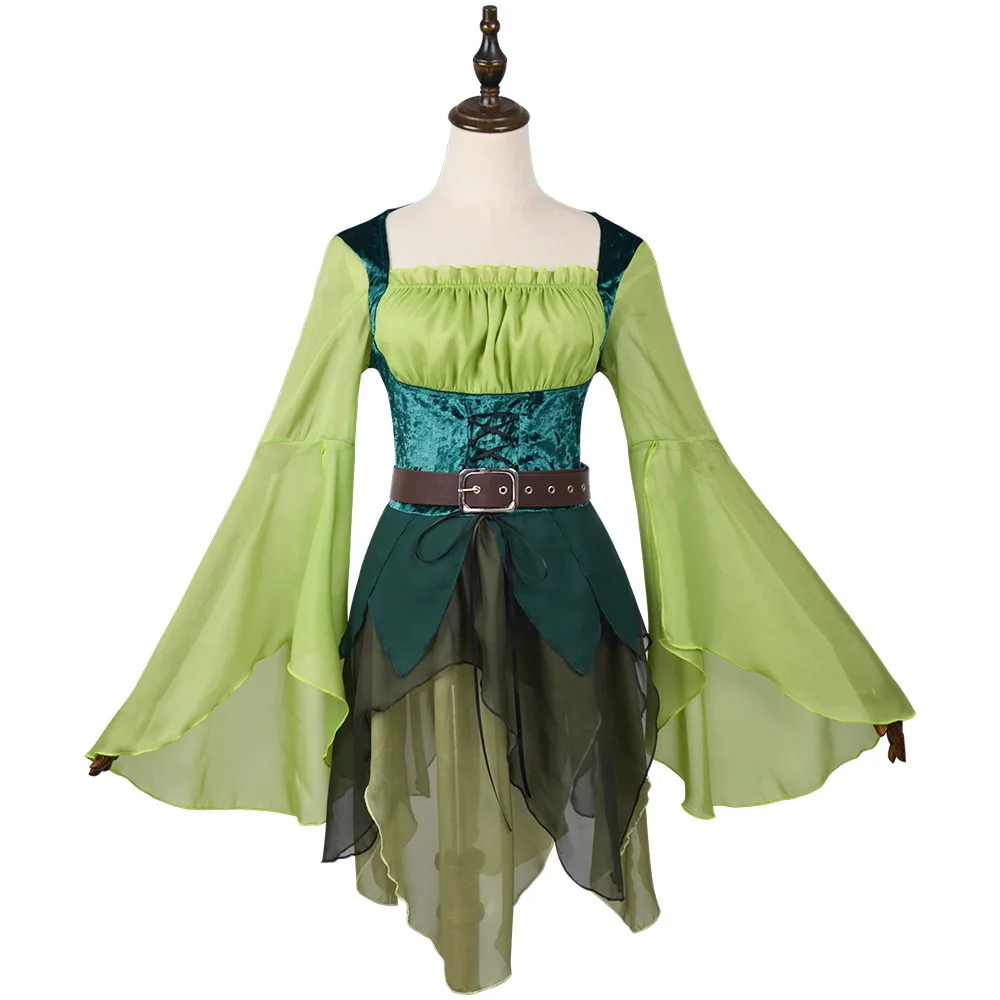 Women's Elf Medieval Green Fairy Dress Magical Elf Dress and Belt Halloween Cosplay Costumes