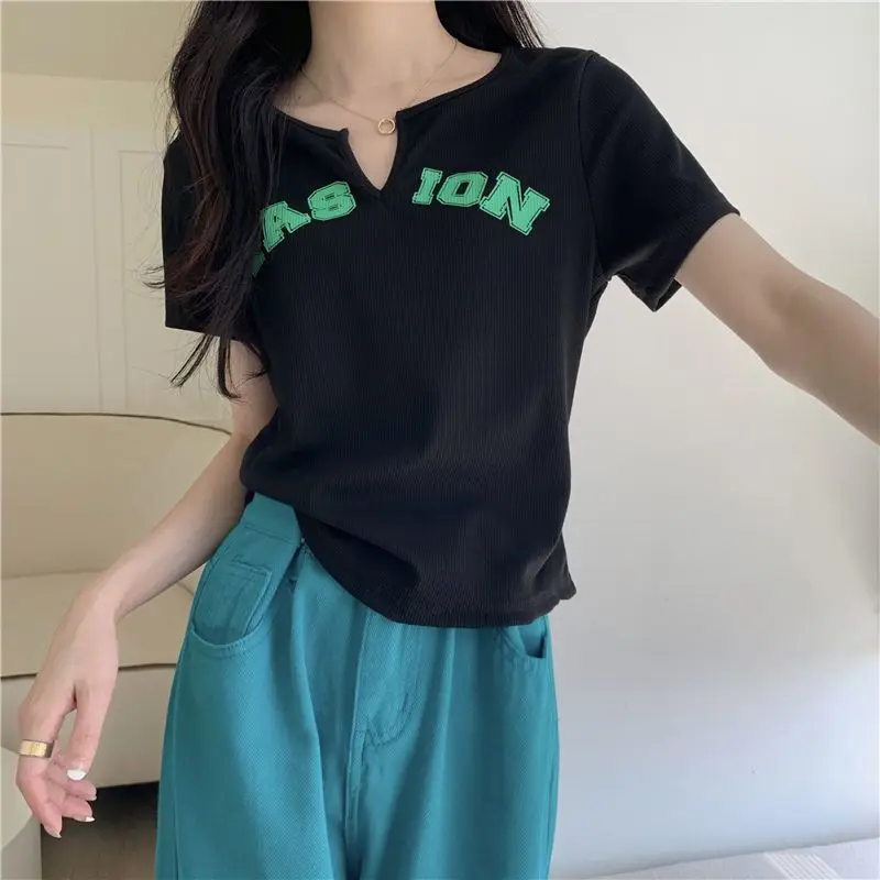 V Neck Letter Print Sweet Short Tops Women Clothing Summer New Short Sleeve Solid All-match Youth Korean T Shirts Fa