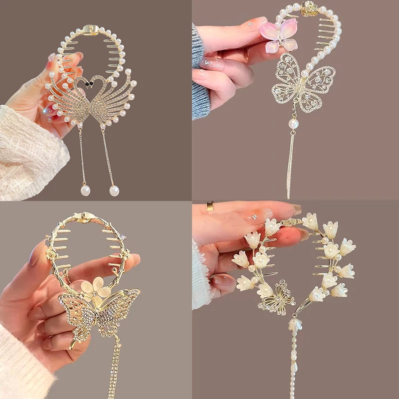 Schmetterling Glocke Orchidee Haar Kralle Clip Schwan Quaste Pille Kopf Pferdes chwanz Schnalle Perle Haarnadel Mädchen Haars pange Haars pange Haarschmuck – Detail 2
