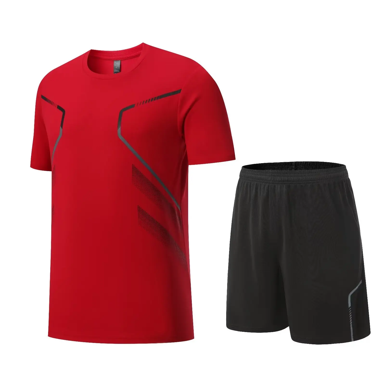 

Casual Men Suit T-Shirt Short Shirt Pants 2 Pc Tracksuit Summer Jogging Quick dry Crew Neck Red Top Black Shorts Workout wear