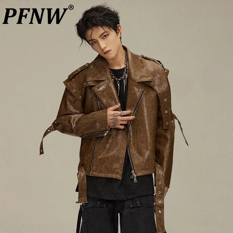 

PFNW Iregular Men's Notched Collar Deconstrcution Leather Jackets High Street Niche Design Coats 2023 Autumn Stylish New 28W1930