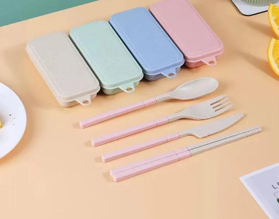 Wheat Straw Dinnerware Set Portable Tableware Knife Fork Spoon Chopsticks Set Travel Cutlery Eco-Friendly Utensil Box 4Pcs cutlery set,western style cutlery set,picnic cutlery set,picnic tableware,camping cutlery set