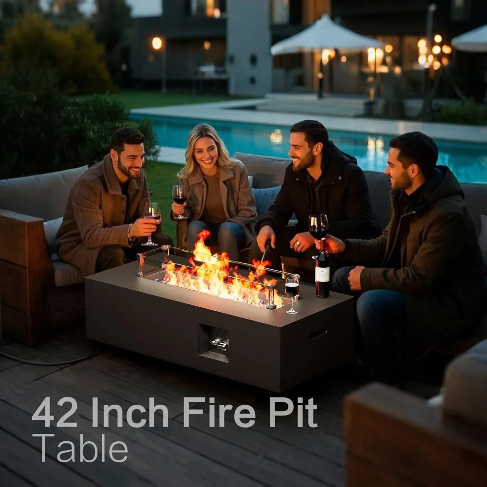 Outdoor 42-inch Gas Fire Pit Table with 50,000 BTU, Glass Windguard, Rocks, and Waterproof Cover 3