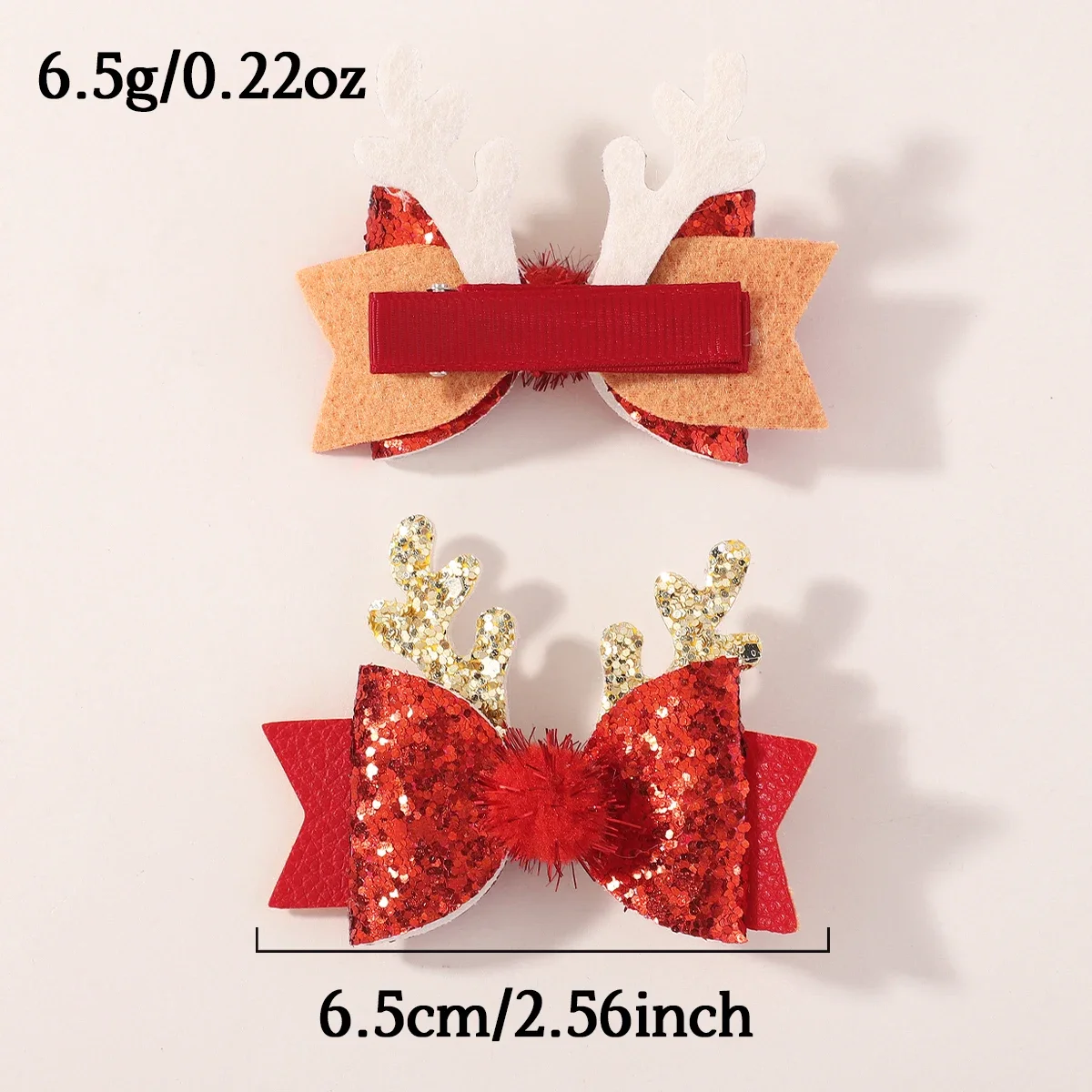 2Pcs/set Red Sparkling Bow Hair Clip Exquisite Christmas Deer Lucky Hairpin for Girls Ponytail Headwear Sweet Headclip