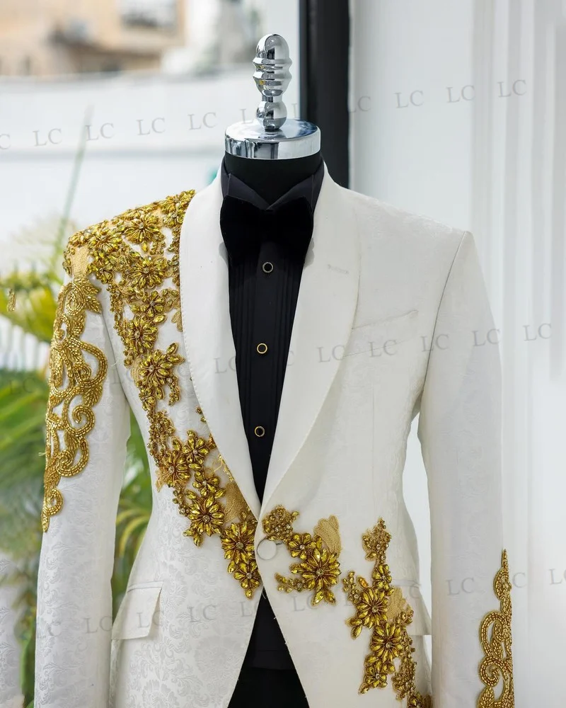 Men's Jacquard Suits 2 Pieces Blazer Pants One Button Diamonds Beadings Appliques Prom Formal Wedding Groom Plus Size Tailored