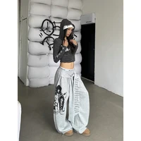 ZHIZOU Women Gray Gothic Baggy Y2k Letter Print Pants Harajuku 2000s Vintage Oversize Sweatpants Wide Leg Trousers Autumn 2025 - Image 3