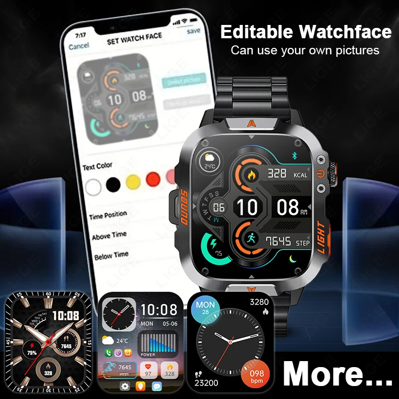 LIGE 1.96 inch HD Screen Smart Watch With LED Lighting IP68 Waterproof Outdoor Sports Health Monitor Smartwatch For Android IOS