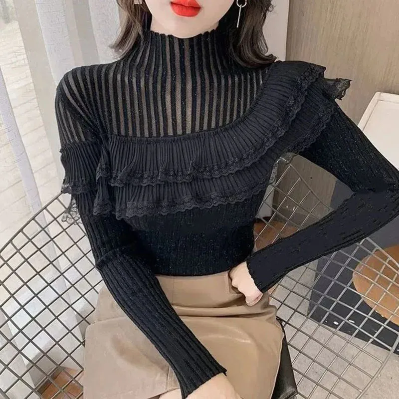 Elegant Turtleneck Hollow Out Ruffles Lace Blouse Female Clothing 2023 Autumn Winter New Casual Pullovers Sweet Shirt
