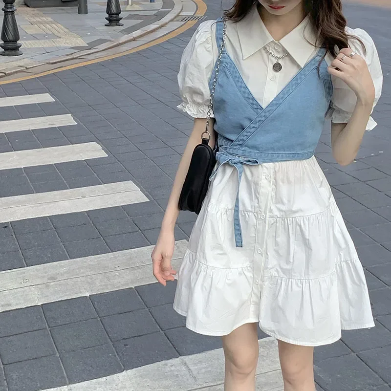 

Women Summer High Waist Dress 2022 2 Piece Set Denim Camisole + Mini Dress Elegant Puff Sleeve A-line Dress Vintage Slim Dresses