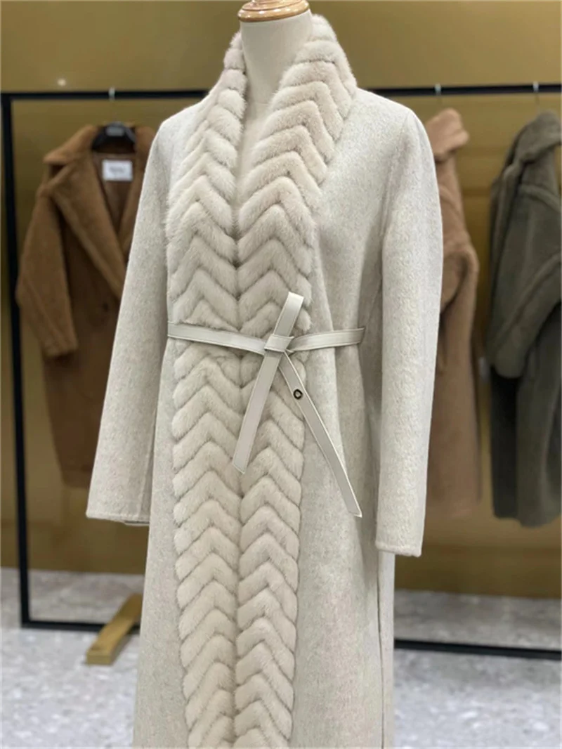 

Женское кашемировое пальто с поясом, длинная кашемировая куртка с воротником из меха норки, зимний сезон 2023