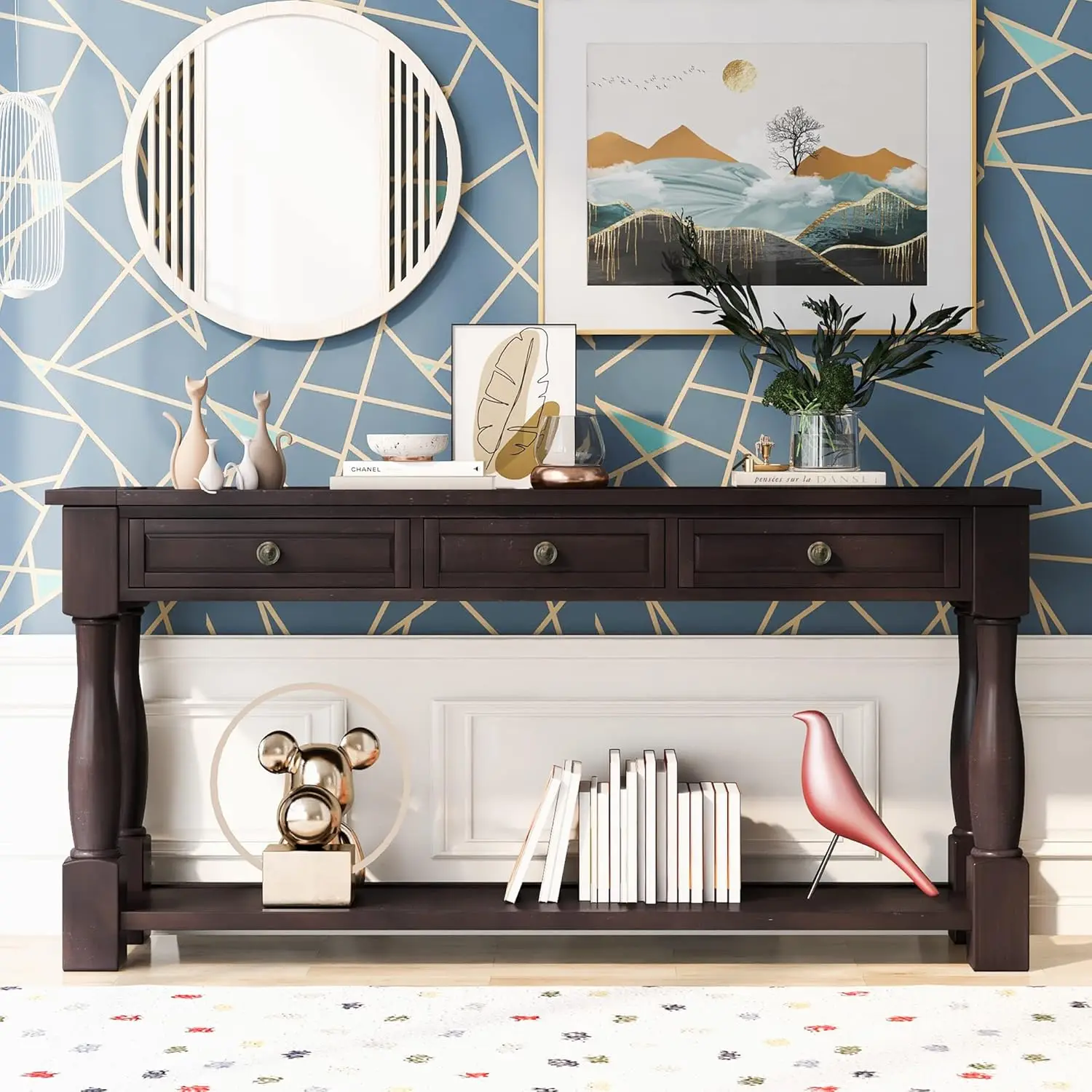 Console Table for Entryway Wood Sofa Table Storage Drawers Bottom Shelf for Hallway Living Room